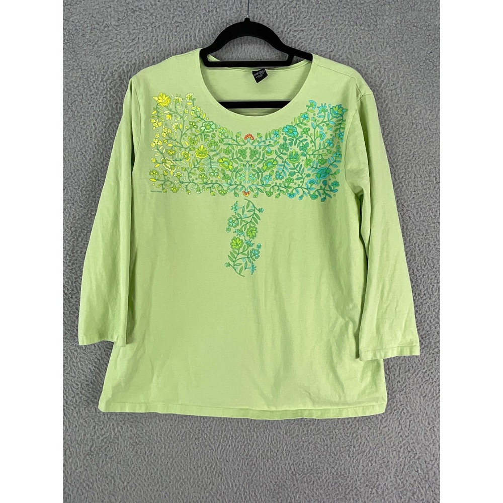Sabaku Artwear Top Women L Lime Green Floral Southwest 3/4 Sleeve Made in USA